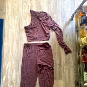Fashion Nova Burgundy One-Shoulder Jumpsuit Set